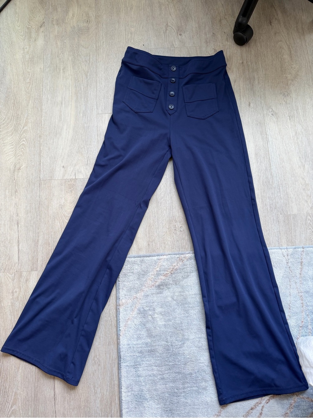 High-Rise Navy Straight-Leg Pants with Button Front